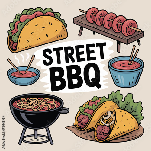 A delicious fast food vector illustration set with icons of pizza, hamburgers, and other meals