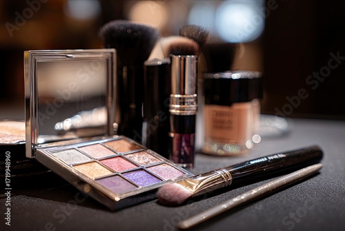 Makeup Kit with Eyeshadow Palette Brushes Lipstick and Foundation in Glamorous Setting