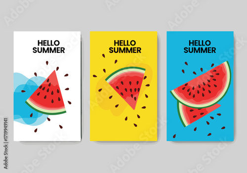 Hello summer with fresh juicy watermelon slices and scattered seeds.