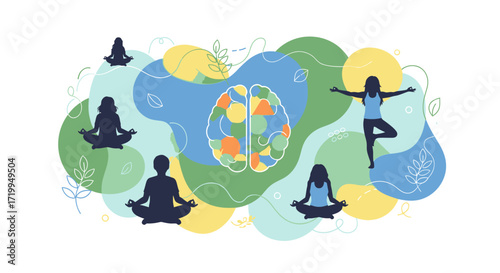 Illustration of people meditating and practicing yoga around a stylized brain, symbolizing mental wellness and mindfulness.