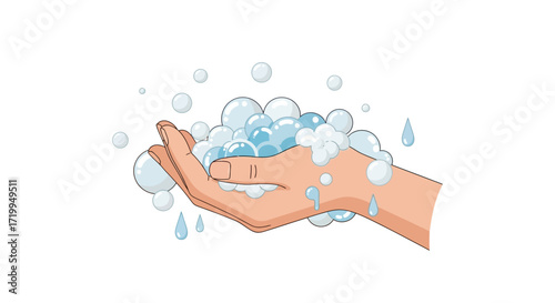 An illustration of a human hand with palm facing up, covered in a pile of blue and white soap bubbles and water droplets, suggesting the act of washing.