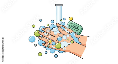 Illustration depicting a person washing their hands with soap and water, promoting hygiene.