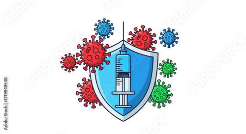 Vaccine syringe protected by a shield against viruses.