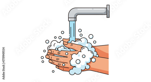An illustration of a person washing their hands with soap and running water from a faucet to promote hygiene.