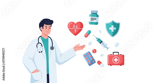 Male doctor in a white coat with a stethoscope gesturing towards various medical and healthcare symbols and items.