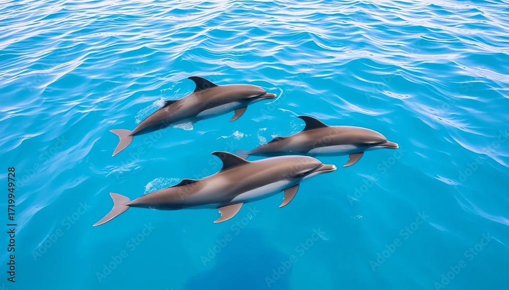 Obraz premium Three bottlenose dolphins swimming gracefully in the ocean, mammals, mammalian
