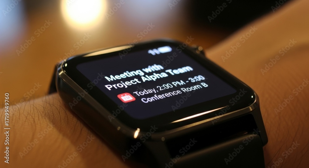 © Jordi - A close-up shot of a smartwatch displaying a calendar notification for a meeting with the Project Alpha Team.