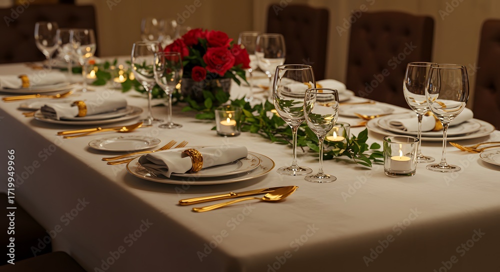 Fototapeta premium Festive table setting with red roses, candles, and golden cutlery