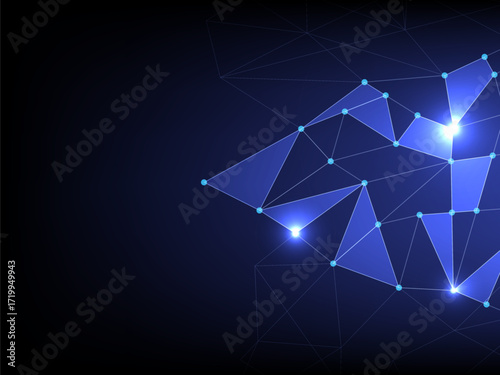 A futuristic digital network design with glowing blue nodes connected by geometric lines. The dark gradient background enhances the bright polygonal mesh, symbolizing data flow, communication