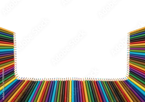 A vibrant rainbow of colored pencils forming an inviting frame on a white background.