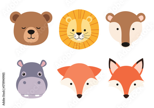 A charming collection of six cute cartoon animal faces featuring a bear lion fox deer and hippopotamus.