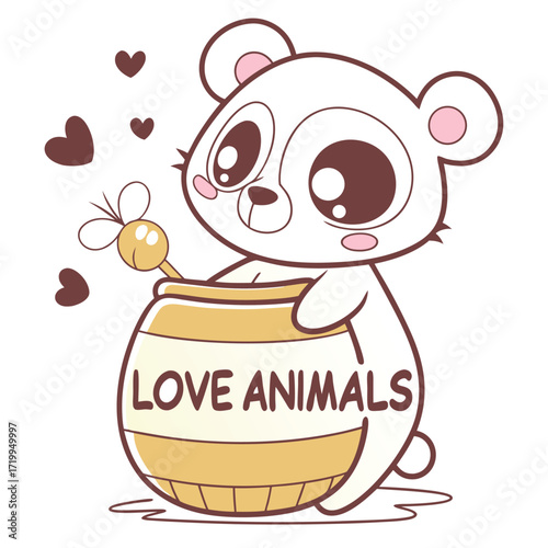 A cute cartoon white bear hugs a honey pot with the words 'Love Animals' written on it, surrounded by hearts.