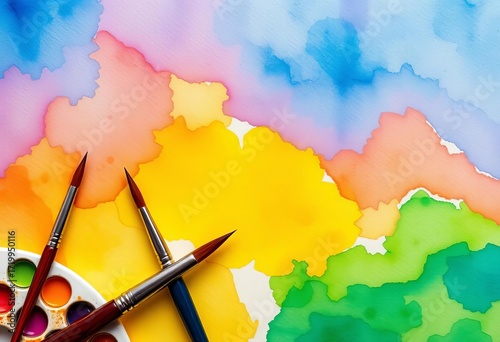 Vibrant watercolor washes on textured paper, paintbrushes, palettes,  vibrant,  header