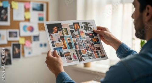 Man holding a mood board with various images and photos, with a corkboard in the background.