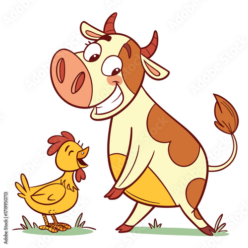 Cow and chick cartoon characters together friendship illustration Vector graphic design Isolated on white background