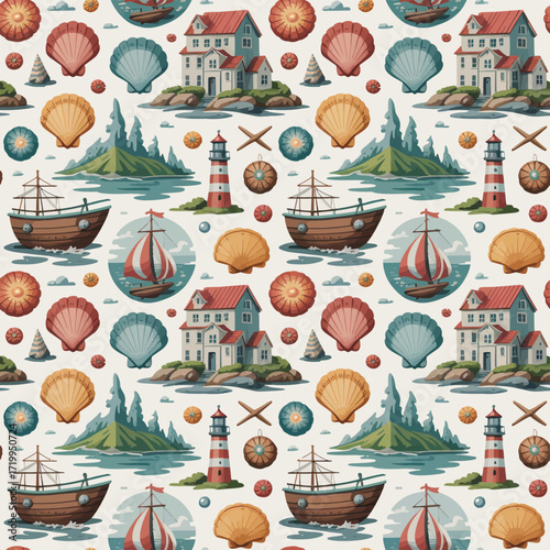 A vibrant seamless pattern of retro kitchen utensils and breakfast food icons like sweet cakes and coffee cups