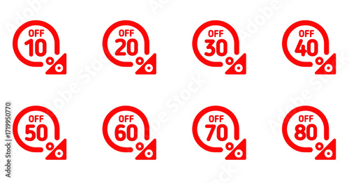 Red circular discount sale labels with percentages from 10 to 80 percent off for retail promotions