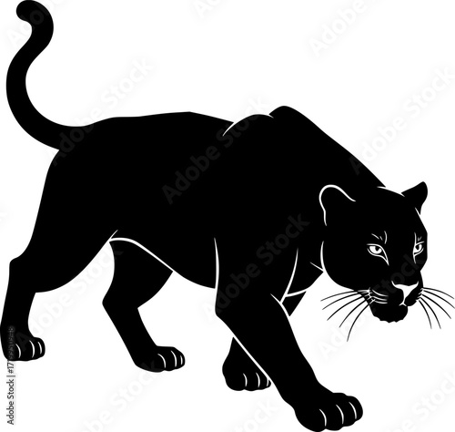 Black panther silhouette in crouching hunting pose with whiskers and muscular body wild cat