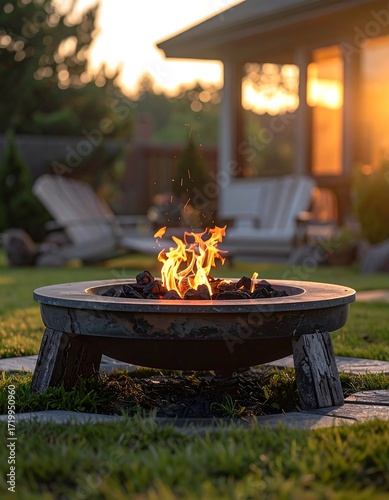 Outdoor fire pit at sunset
