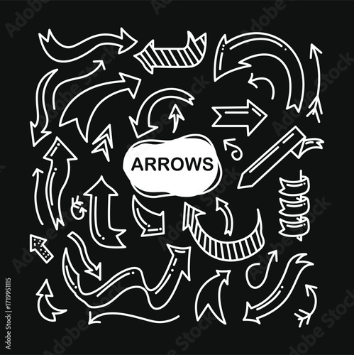 Hand drawn arrow vector icons set. Sketch arrow design for business plan and education. Set of arrows black icons. Circle arrows, rotate arrow, redo process symbol with vector file
