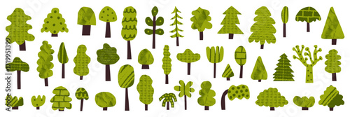 Childish collage tree of a cute plant for a simple abstract forest or garden with icons.