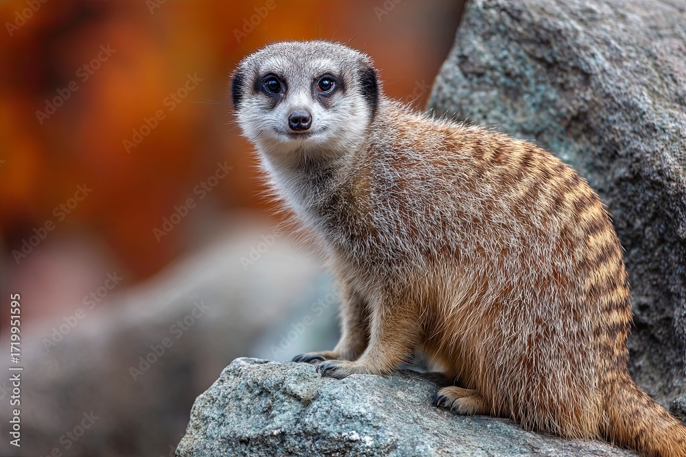 Fototapeta premium Cute Small Meerkat Sitting on Rock in Natural Habitat with Blurred Autumn Background