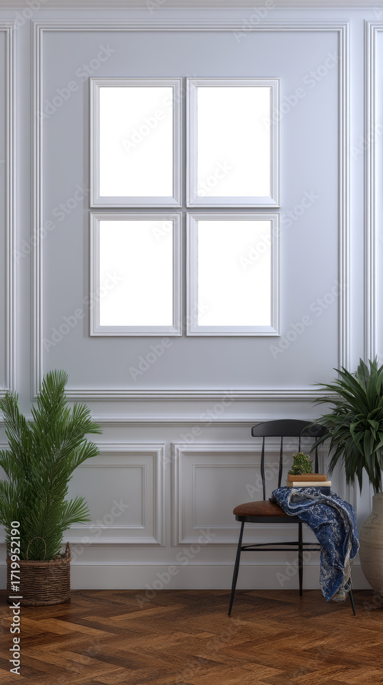 Fototapeta premium Elegant White Paneled Wall with Empty Frames and Stylish Chair in Modern Interior