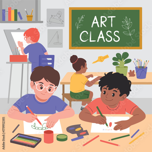 Enthusiastic students drawing and painting in art class with blackboard