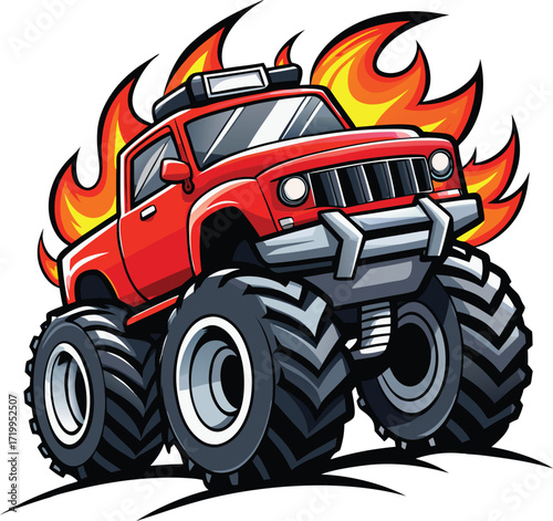 Fiery Red Monster Truck Huge Tires Flames
