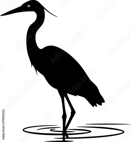 Heron bird silhouette standing in water ripples with long beak legs and neck wading waterfowl design