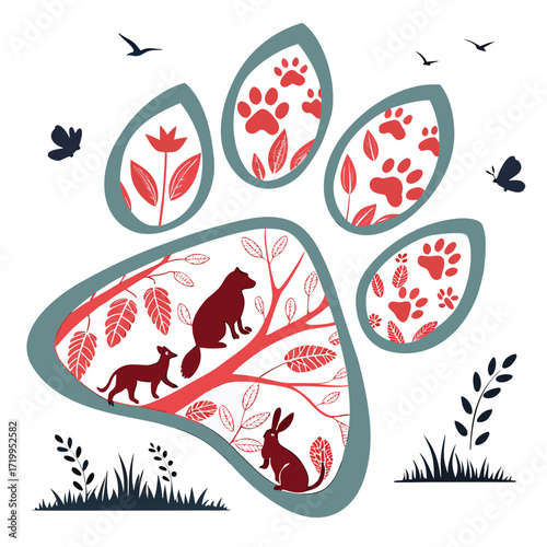 Paw print design with animals and plants Nature conservation concept Vector illustration Isolated on white background