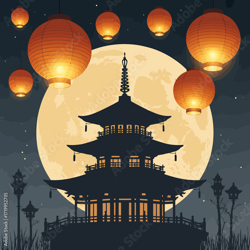 Elegant pagoda silhouette with traditional chinese fu symbol