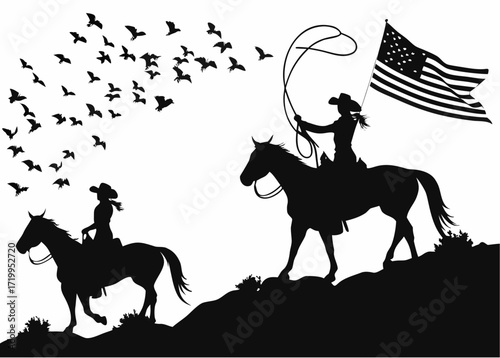 Western Cowgirl Silhouettes with American Flag