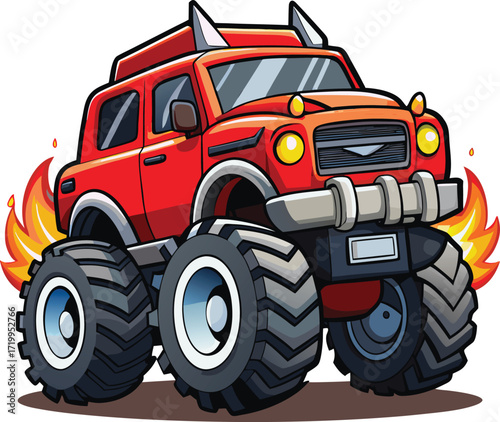 Fiery Red Monster Truck Powerful Vehicle Cartoon Illustration