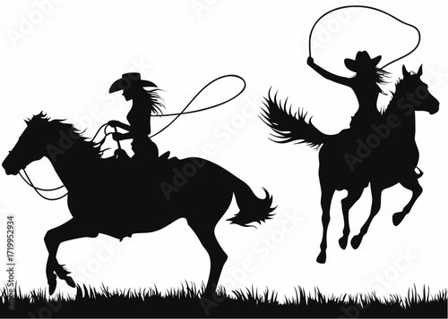 Dynamic cowgirls lassoing horses in silhouette, capturing the spirit of the Wild West with energetic motion and freedom.