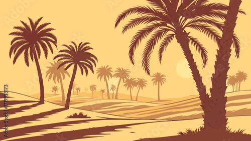 Warm Desert Sunset Landscape with Silhouetted Palm Trees and Sand Dunes - Golden Hour Oasis Illustration