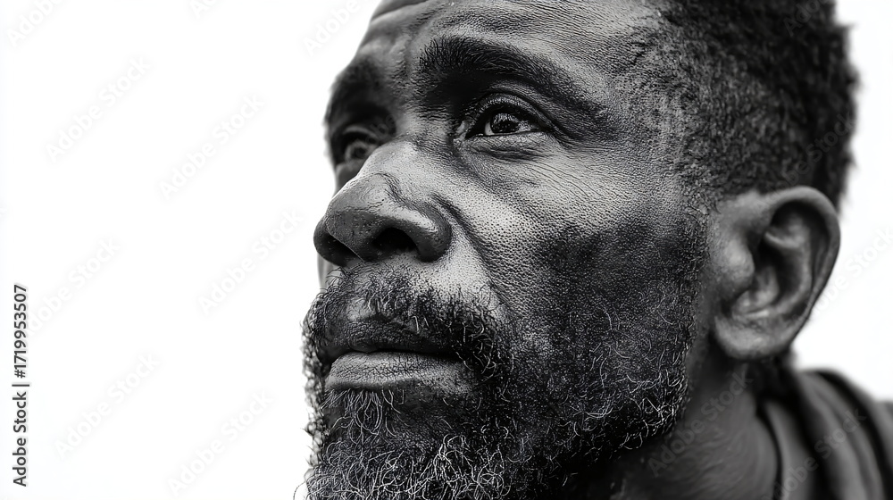 Obraz premium Close-up of an african american man in black and white. Detailed portrait showing skin texture and beard stubble. Concept of aging, wisdom, and raw emotion.