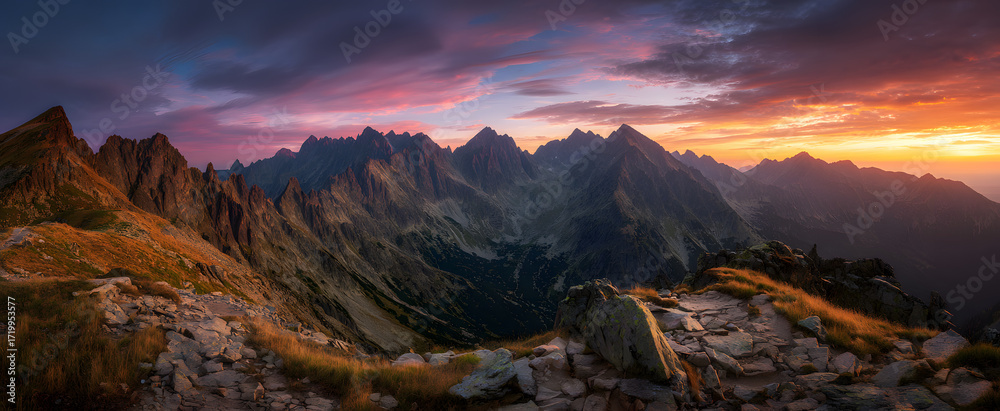 Fototapeta premium High-Resolution Panoramic Landscape of the Mountains with Rocky Peaks at Sunrise