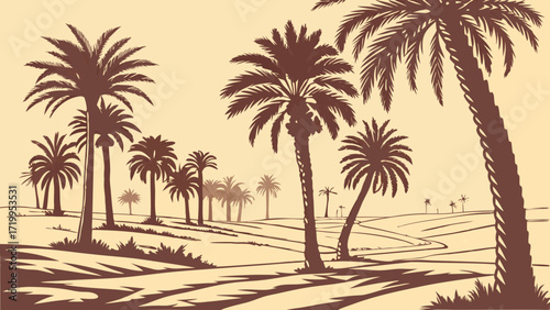 Retro Style Desert Landscape Vector Illustration with Palm Trees and Sandy Path in Warm Sepia Tones, Evoking a Serene Oasis