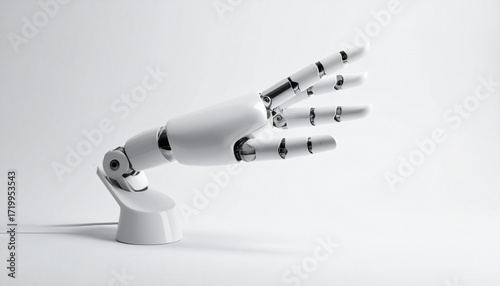 White robotic hand with spread fingers on plain background—sleek articulation and mechanical joints evoke dexterity, futurism, and human-machine synergy in minimalist tech anatomy composition.