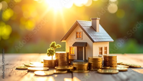 Model house on wood with gold coin stacks, trees, and sunlit bokeh—symbolic composition evokes home ownership, financial growth, and eco-conscious prosperity in warm minimalist real estate vignette.