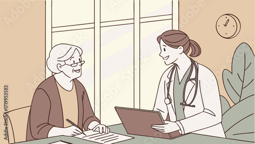 Smiling Female Doctor Consulting with Senior Woman Signing Medical Documents in Clinic, Emphasizing Elderly Healthcare and Patient Care