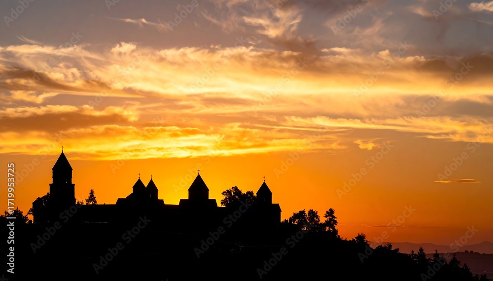 Obraz premium Silhouette of a building at sunset