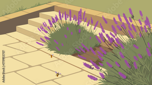 Peaceful Garden Illustration: Bees Buzzing Around Vibrant Purple Lavender Bushes on a Stone Patio with Steps, Sunny Summer Scene