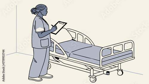 Female Nurse Documenting Patient Information Next to Hospital Bed - Healthcare Professional Illustration