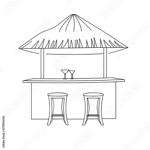 Tropical bar with thatched roof and two stools in minimalist style  