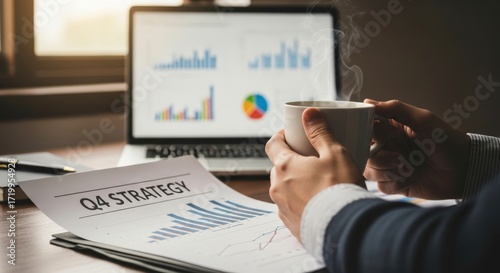 A person in a suit holding a steaming cup of coffee while reviewing Q4 strategy documents and charts on a laptop.