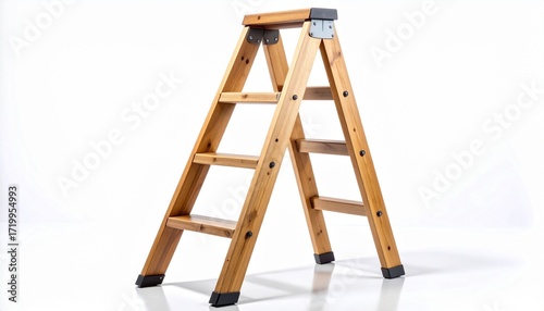 Wooden A-frame ladder with metal steps on white—hinged symmetry and utilitarian form evoke elevation, access, and domestic resilience in minimalist construction tool composition.