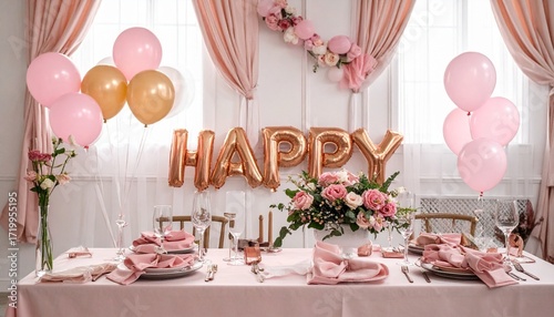 Celebration table with floral vases, pink napkins, balloon arch spelling “HAPPY,” and bow-tied chair—elegant setup evokes joy, warmth, and festive charm in minimalist event decor composition.