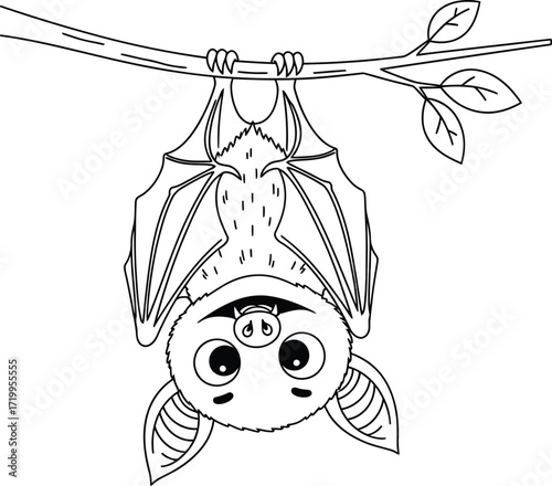 Cute cartoon bat hanging upside down from a tree branch
